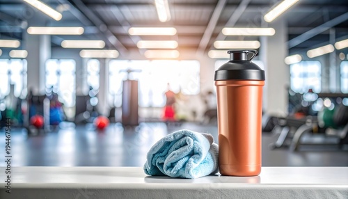 Protein shaker bottle and gym towel on bench in modern fitness center with natural light