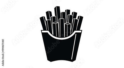 Black and white illustration of french fries in a container