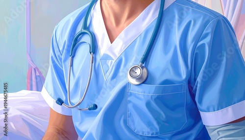 Female nurse in blue scrubs with stethoscope ready for medical care in clinic