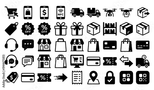Modern Shopping and Retail Icon Set Vector for Online Store Delivery and Payment