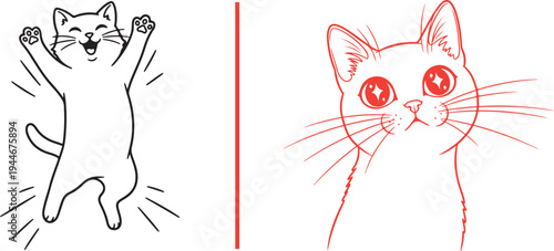 Simple vector sketches featuring a joyful jumping cat in black outline and a close-up of a curious cat with large, shimmering eyes in red line art.