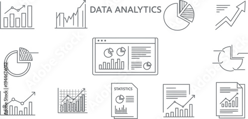 A collection of sleek black and white line icons representing various data analytics charts graphs and statistical reporting elements