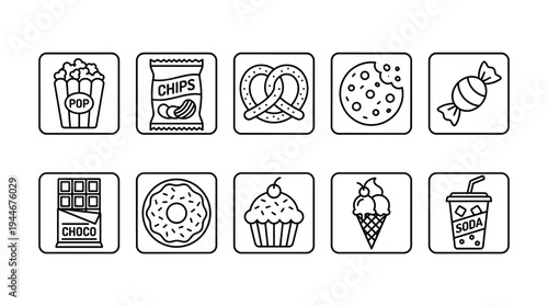 Set of vector line art icons representing various unhealthy snacks and treats like popcorn, chips, chocolate, candy, ice cream and soda on a white background.