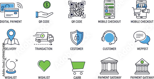 A comprehensive collection of outline vector icons depicting various essential elements of modern e-commerce, digital payments, and online shopping services for business websites and applications.