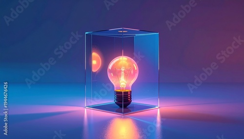 Glowing light bulb inside transparent glass cube with futuristic purple background
