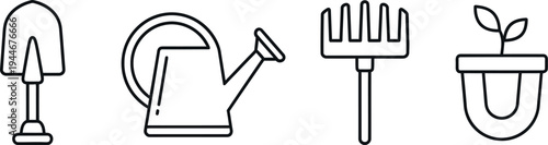 Simple line art icons showcasing essential gardening tools like a shovel, watering can, and rake, alongside a small potted plant representing growth and nature.