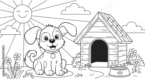 A cheerful cartoon dog sitting outside its cozy doghouse on a sunny day