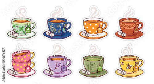 Colorful assortment of steaming tea cups with sugar cubes on saucers