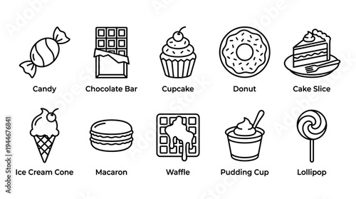 Graphic illustration showcasing a collection of delicious dessert icons in black outline style, including candy, donut, cake, ideal for menus, recipes, and website design elements.