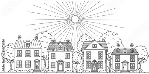 A black and white drawing of three houses under a radiant sun