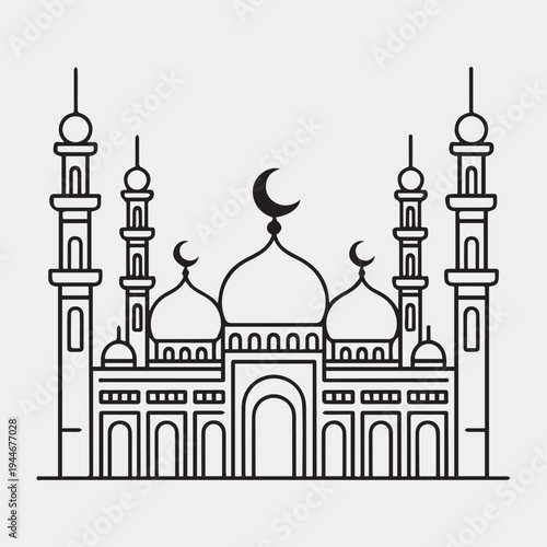 Minimal Mosque Icon with Dome and Minaret Black and White Line Art Vector