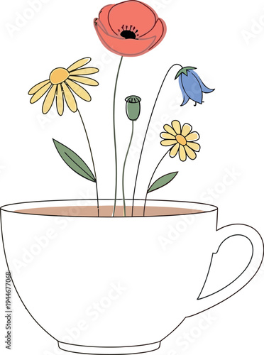 Charming illustration of vibrant wildflowers blooming from a cozy white teacup, symbolizing peace, nature, and the refreshing essence of a warm drink, perfect for spring.