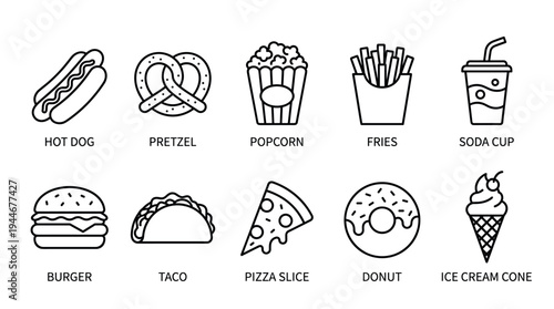 Line art illustrations of fast food icons including hotdog, fries, burger, and ice cream on a white background. Great for menu design, apps, or educational materials.