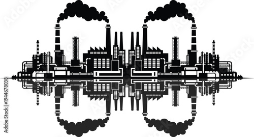 Flat vector illustration of industrial factories, smokestacks, pollution silhouettes, mirrored design, environmental impact icon, urban landscape, symmetrical graphic, industry symbol