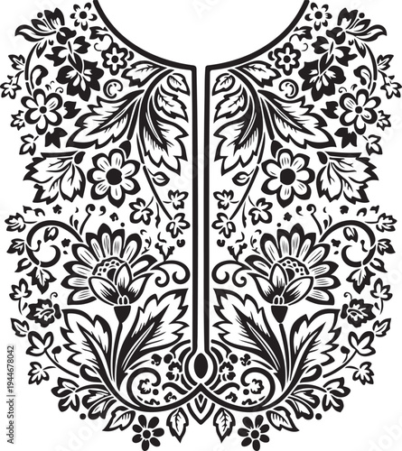 Black and White Floral Ornament Neckline Design. Traditional Paisley Style Embroidery Vector Illustration.