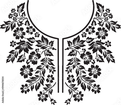 Black Floral Neckline Ornament Vector Illustration for T-shirt Print and Embroidery Design
