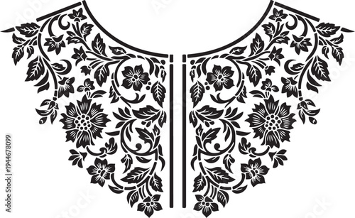 Elegant Black and White Floral Neckline Ornament Vector Illustration for Apparel Design