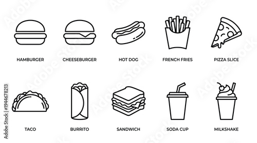 A collection of fast food icons in a minimalist style featuring a hamburger, pizza slice, hot dog, and more, perfect for menus or website designs.