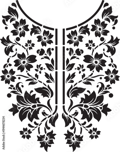 Floral Ornament Neckline Design Vector Illustration. Black and White Symmetrical Flower Pattern for Clothing Collar.