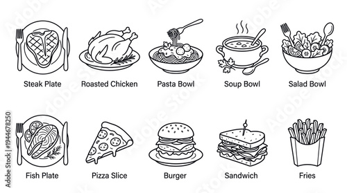 Illustration set showcasing food line icons including steak, roasted chicken, pasta, soup, salad, fish, pizza, burger, sandwich and fries. White background.