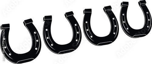 Flat vector illustration of horseshoe silhouettes, luck symbol, equestrian icon, black design, decorative motif, traditional element, fortune graphic, rustic style
