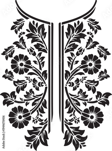 Symmetrical Floral Ornament Neckline Design, Black and White Traditional Textile Pattern Vector