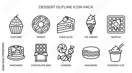 Minimalist outline icons of popular desserts, including cupcake, donut, cake slice, ice cream, and more, on a clean white background, perfect for menu design.