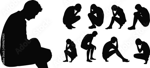 Flat vector illustration of sad silhouettes, sitting person, crouched posture, emotional distress, contemplation icons, depression design, mental health awareness