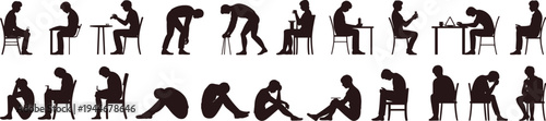 Flat vector illustration of sitting posture sequence, slouched positions, fatigue icons, burnout silhouettes, stress design elements, ergonomic awareness, human figure