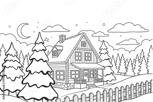 A serene winter night scene with a house and snow covered trees under a crescent moon