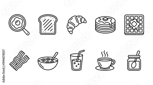 A collection of outline style breakfast icons featuring bacon, eggs, cereal, waffles, coffee and juice, ideal for menu design or food-related graphic design.