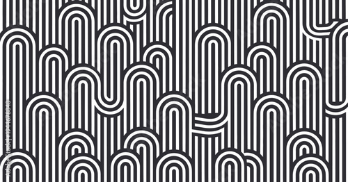 A captivating black and white geometric pattern with undulating lines and curves, creating a visually dynamic and abstract optical illusion