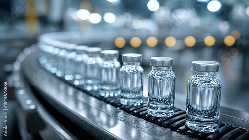 Row of medical glass vials on curved conveyor belt, automated pharmaceutical production line in modern factory, biotechnology supply chain and healthcare manufacturing concept.