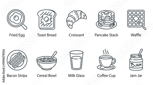 A set of line art breakfast food icons including eggs, toast, croissants, pancakes, waffles, bacon, cereal, milk, coffee and jam on a white background.
