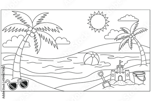 A serene beach scene with palm trees and a sandcastle