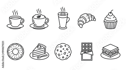 Collection of black and white line art illustrations showcasing coffee, pastries, and sweets isolated on a clean white background, ideal for menu design and restaurant branding.