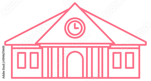 Simple Line Art Illustration of a School Building with Clock and Windows