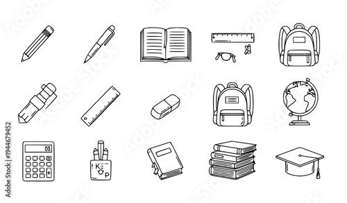 Minimal Academic School Stationery and Learning Vector Doodle Icons