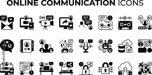 Online Communication and Digital Connectivity Network Solid Glyphs Set