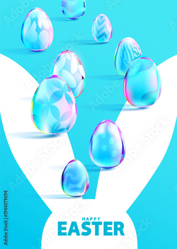 Happy Easter greeting card design with 3D glass eggs and white rabbit ears. Festive vector banner.