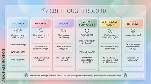 CBT worksheet tracks thoughts, feelings, evidence. CBT worksheet shows situation, automatic thoughts, body feelings, evidence for or against, balanced reframing, outcome for therapy use