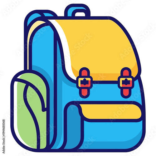 Backpack vector illustration, flat design, blue and yellow, school or travel gear