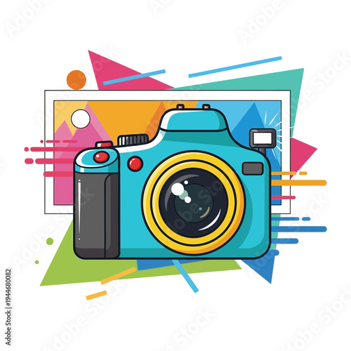 Vintage blue camera with colorful geometric background vector illustration
