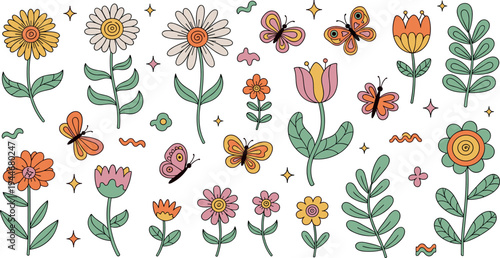Retro 70s wildflower vector set with butterflies daisies and tulips in muted orange pink and sage green colors