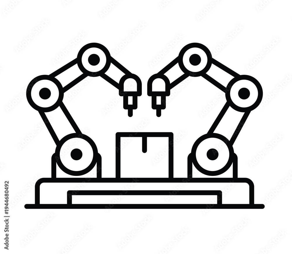 Fototapeta premium Two Industrial Robotic Arms Performing Precision Handling of a Box