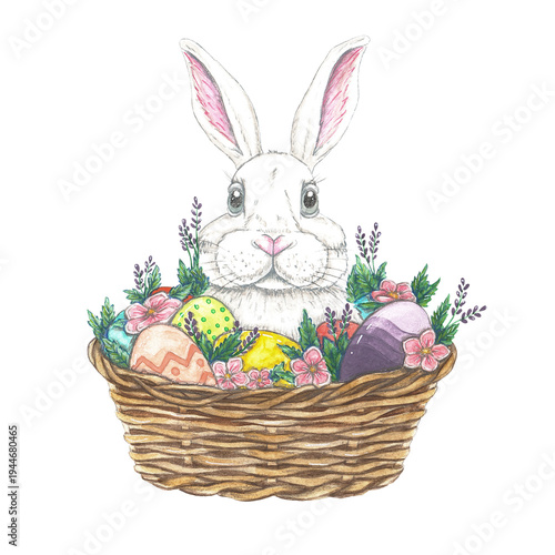 Easter Bunny in basket. watercolor illustration isolated on a white background. Suitable for printing on postcards, fabrics, stickers and scrapbooking