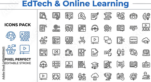 EdTech & Online Learning Icons — E-Learning, Online Education, Virtual Classroom, Gamification, Skill Development, Digital Training, Editable Stroke Vector Icons for Designers