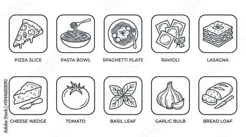 Vector line art illustration of popular Italian foods. Includes pizza, pasta, spaghetti, ravioli, lasagna, cheese, tomato, basil, garlic, and bread. Great for menus or food blogs.