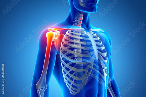 Pain in the human shoulder joint Human shoulder pain anatomy medical illustration glowing red