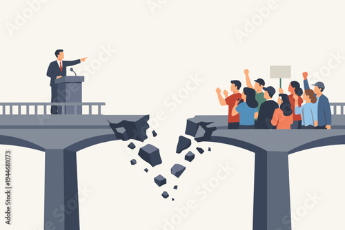 Politician Speaking at Podium Separated from a Protesting Crowd by a Broken Bridge, Conceptual Vector Illustration of Political Divide, Social Inequality, and Communication Gap in Society.